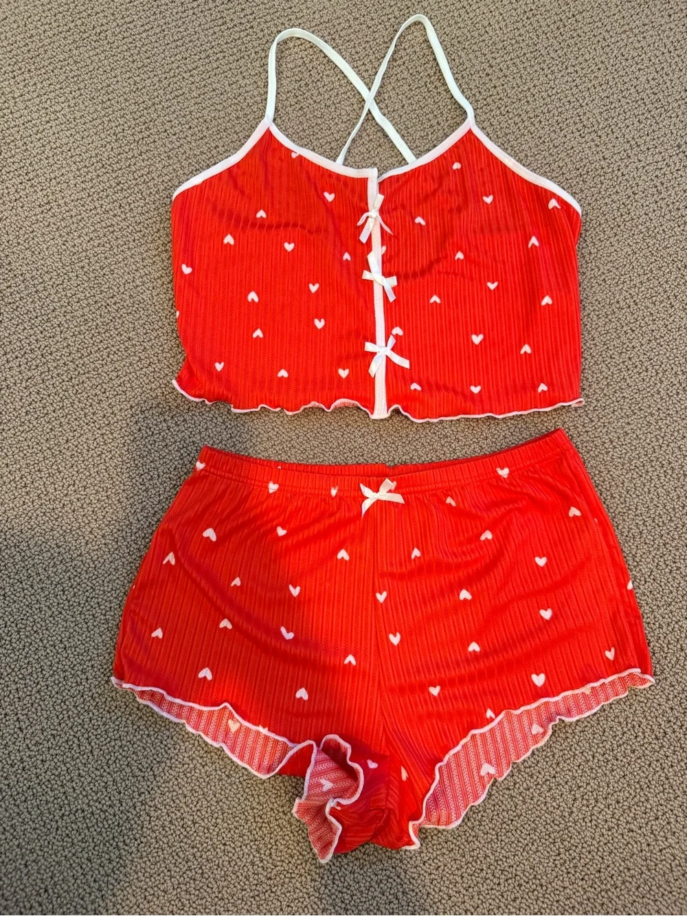 Red Heart-Print Ribbed Cami and Shorts Sleep Set